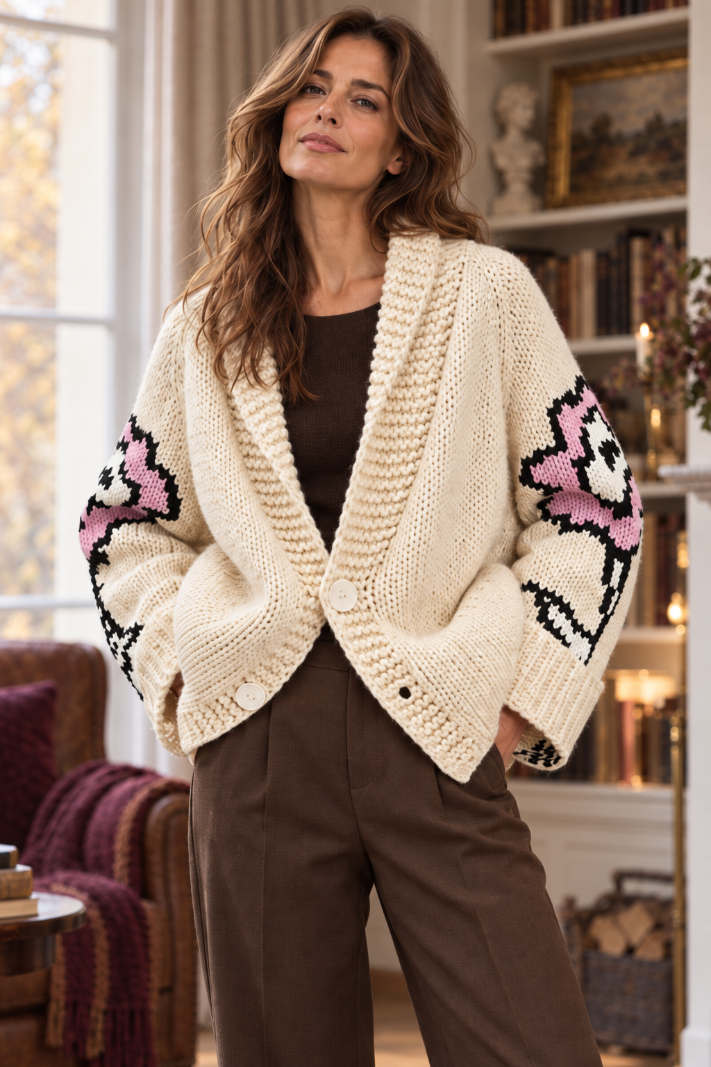 Damen-Grobstrick-Cardigan in Creme – Schalkragen & Rosenmuster – nähere Ansicht der sichtbaren Vorderseite und Details
