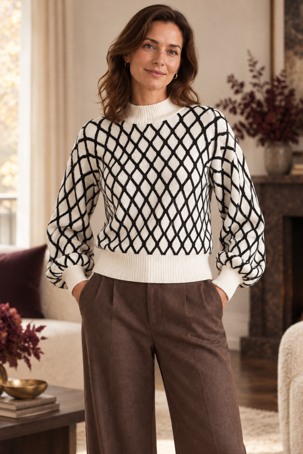 Damen-Strickpullover in Creme-Schwarz – Rautenmuster & Stehkragen – nähere Ansicht der sichtbaren Vorderseite und Details