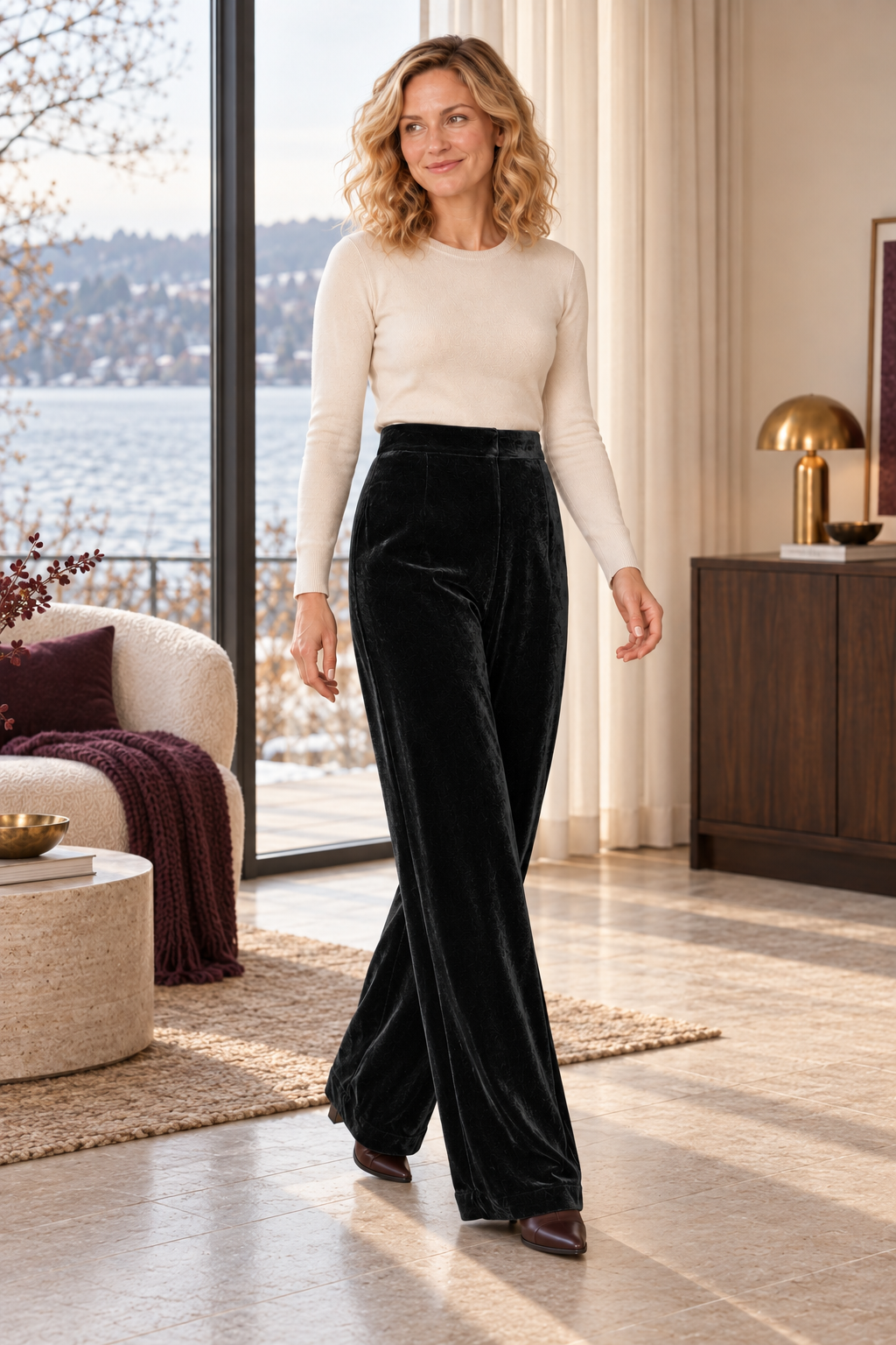 Cora Elise | Damen-Samthose mit hohem Bund und weitem Bein – Schwarz