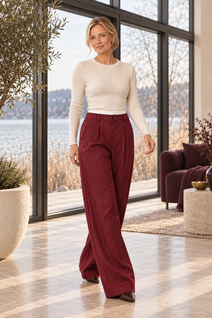 Cora Elise | Damen-Palazzohose mit Nadelstreifen und hohem Bund – Weinrot