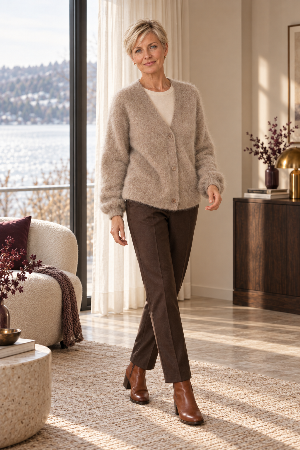 Cora Elise | Flauschige Damen-Strickjacke mit V-Ausschnitt – Wüstenbeige
