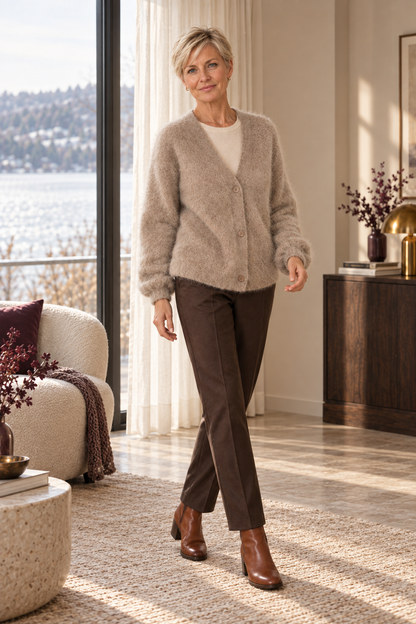 Cora Elise | Flauschige Damen-Strickjacke mit V-Ausschnitt – Wüstenbeige