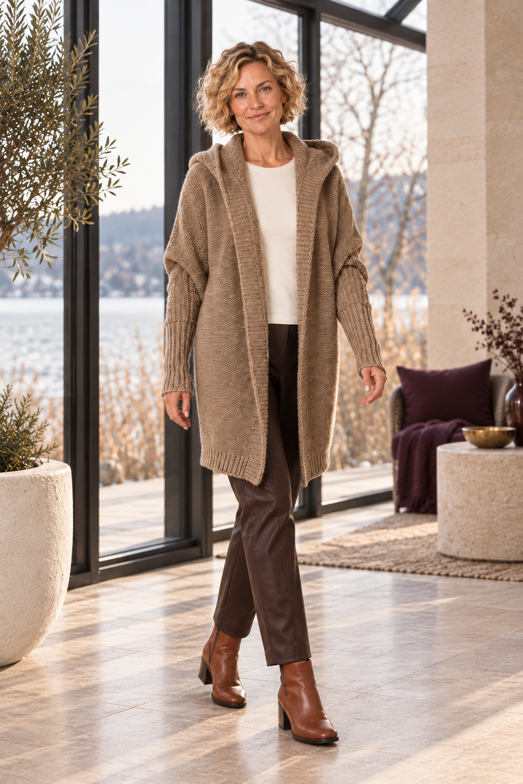 Cora Elise | Damen-Strickjacke mit Kapuze – lockerer Grobstrick – Khaki
