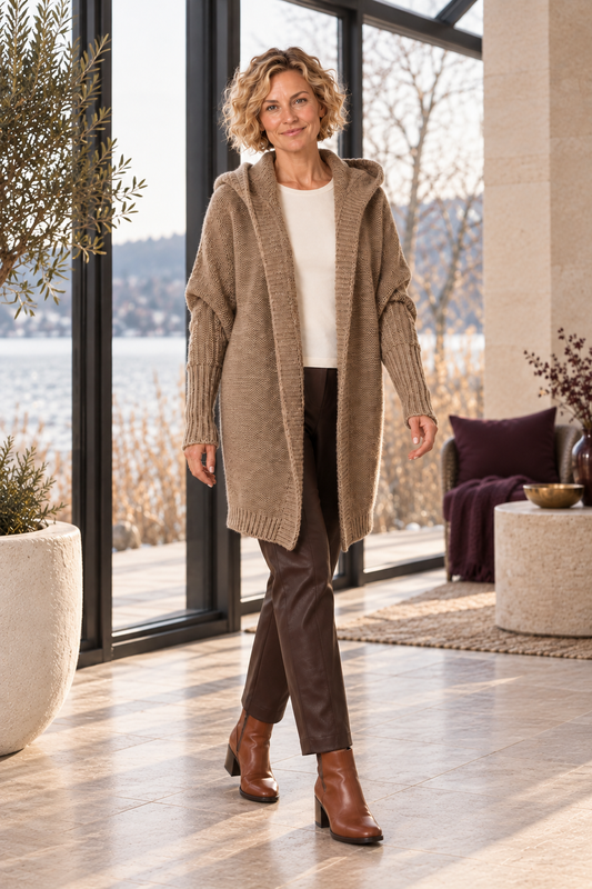 Cora Elise | Damen-Strickjacke mit Kapuze – lockerer Grobstrick – Khaki