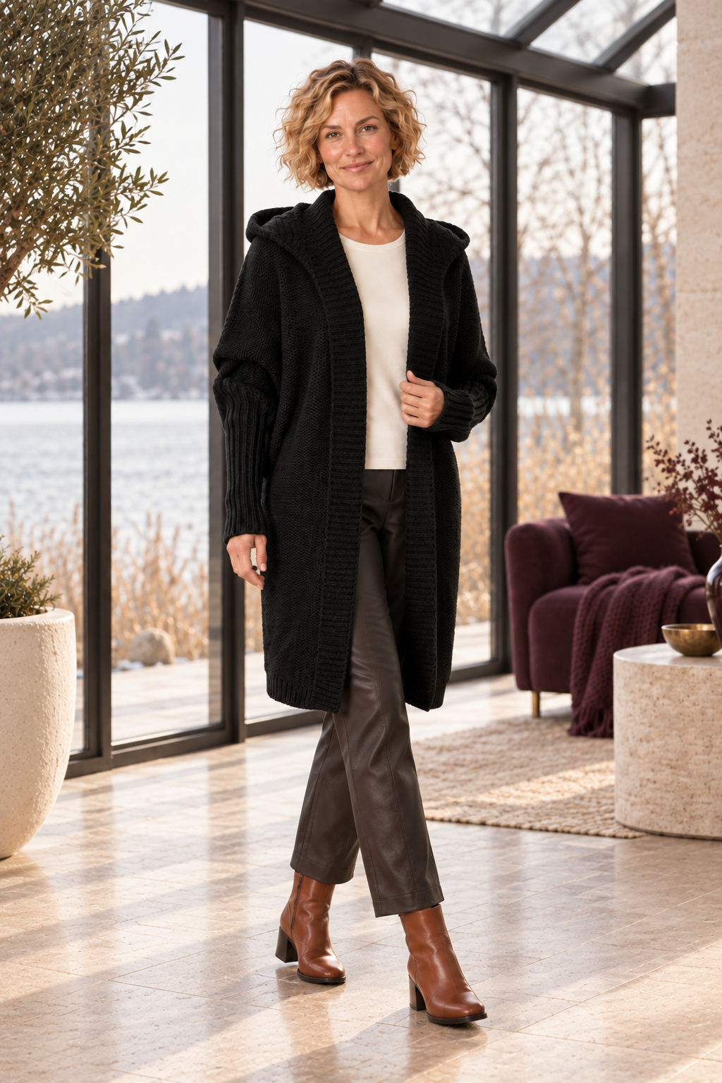 Cora Elise | Damen-Strickjacke mit Kapuze – lockerer Grobstrick – Schwarz