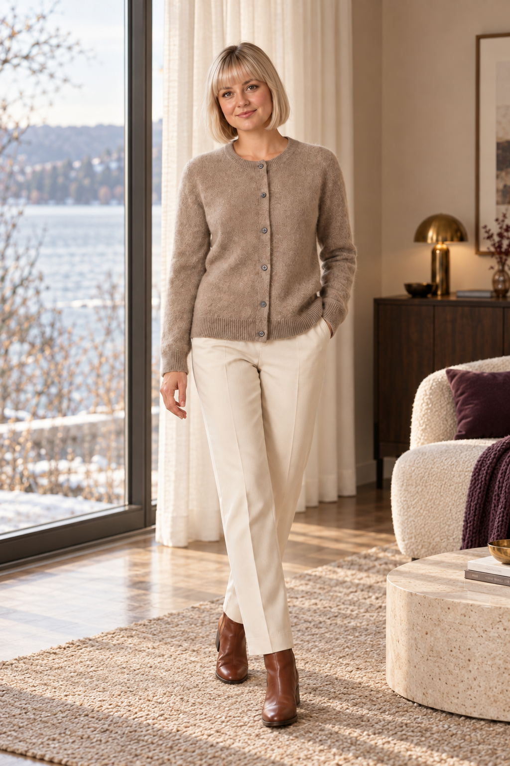 Cora Elise | Damen-Cardigan mit Rundhals und Knopfleiste – Braun