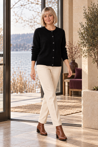 Cora Elise | Damen-Cardigan mit Rundhals und Knopfleiste – Schwarz