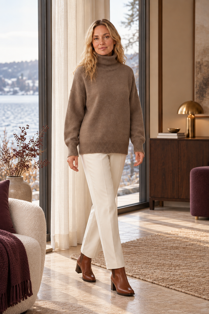 Cora Elise | Damen-Rollkragenpullover – kuscheliger Strick für Herbst und Winter – Kaffeebraun