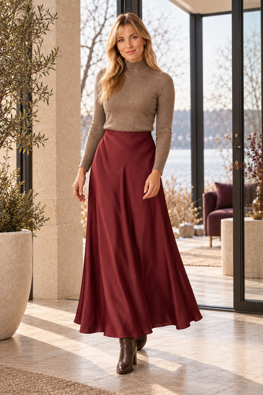 Cora Elise | Damen-Satin-Maxirock in Bordeaux mit seitlichem Reißverschluss – Bordeaux