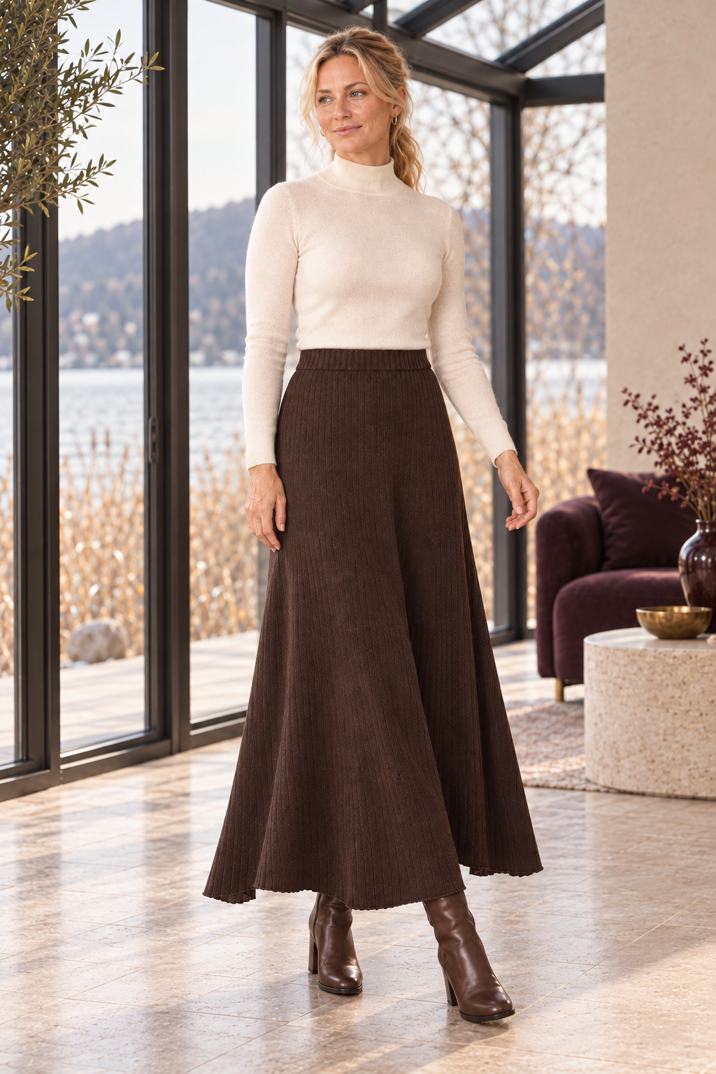 Cora Elise | Damen-Strick-Maxirock in Schokoladenbraun – asymmetrischer Saum – Schokoladenbraun