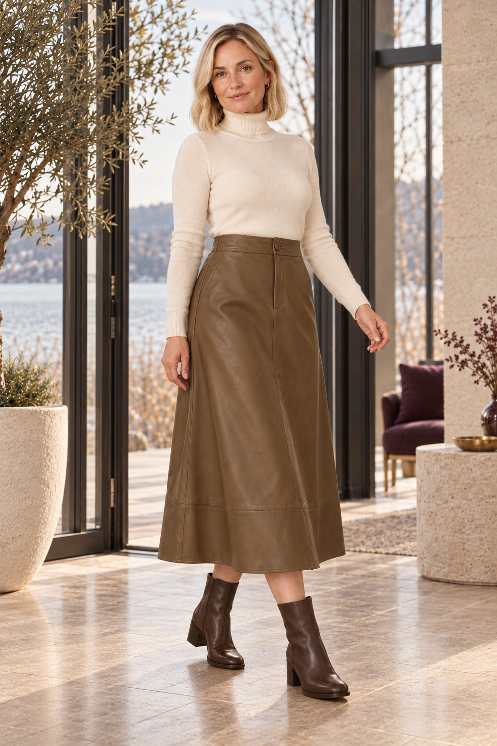 Cora Elise | Langer Damenrock in Braun – A-Linie & Lederoptik – Braun