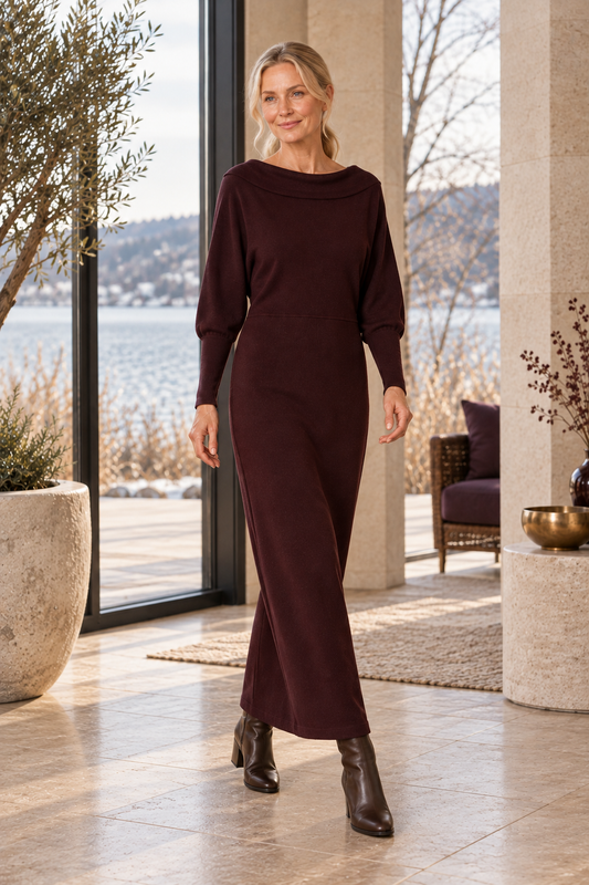 Cora Elise | Damen-Strickkleid in Bordeaux – Maxi & Fledermausärmel – Bordeaux