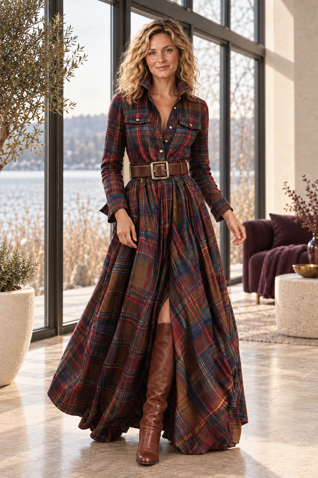 Cora Elise | Hemdblusenkleid Damen kariert – Maxi & Langarm, Rotbraun – Rotbraun