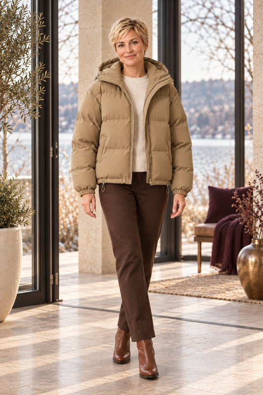 Cora Elise | Damen-Steppjacke in Khaki – kurze Pufferjacke mit Kapuze – Warmes Khaki
