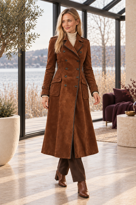 Cora Elise | Langer Damenmantel in Cognac-Braun – Wildlederoptik – Cognac-Braun