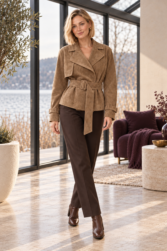 Cora Elise | Kurzer Damen-Trenchcoat in Camel-Beige – Wildlederoptik & Gürtel – Camel-Beige