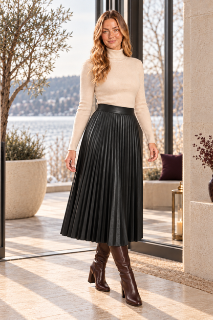 Cora Elise | Damen-Plissee-Midirock in Lederoptik – Bordeaux oder Schwarz – Schwarz