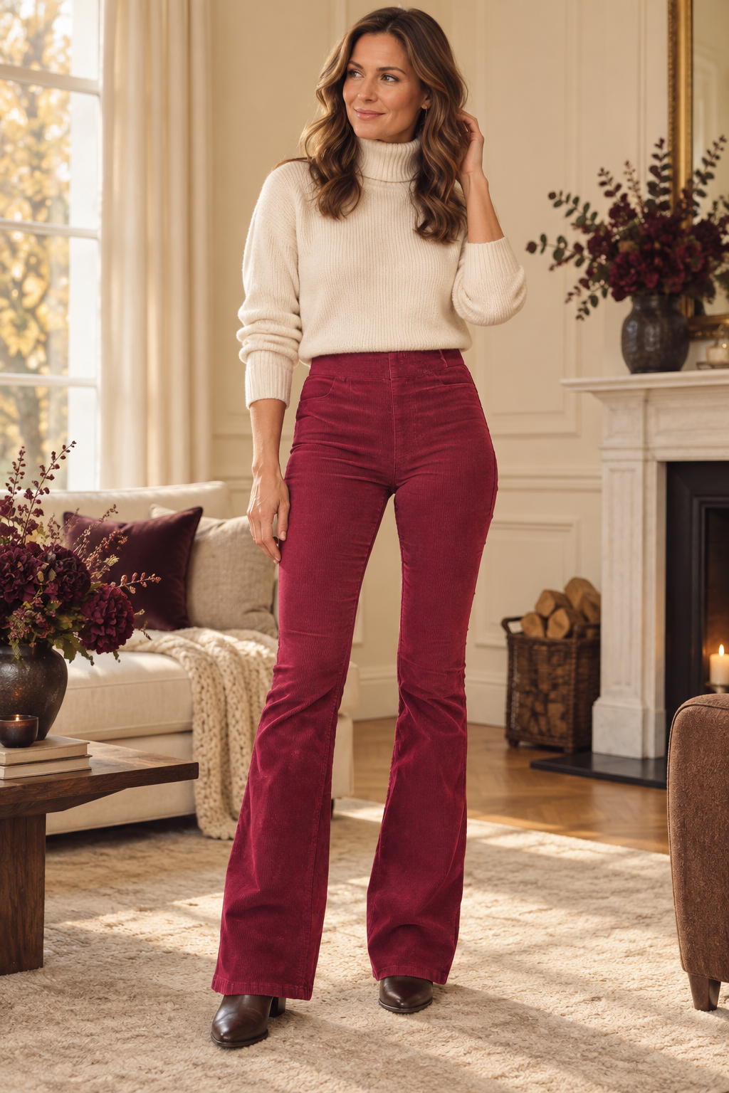 Cora Elise – Damen-Cord-Schlaghose in Bordeaux – High Waist & Flared Leg
