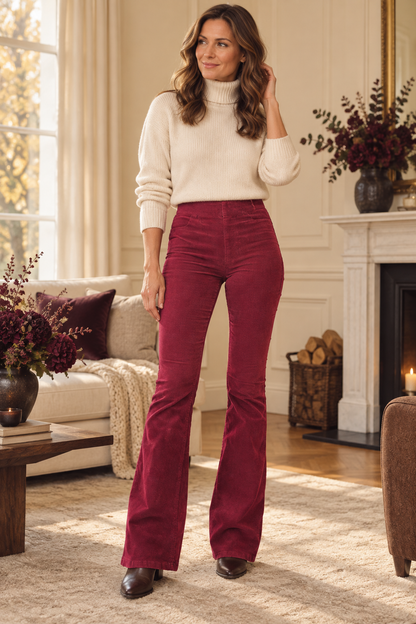 Cora Elise – Damen-Cord-Schlaghose in Bordeaux – High Waist & Flared Leg