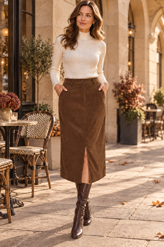 Cora Elise – Damen-Cordrock in Kaffeebraun – Midi, High Waist & Schlitz