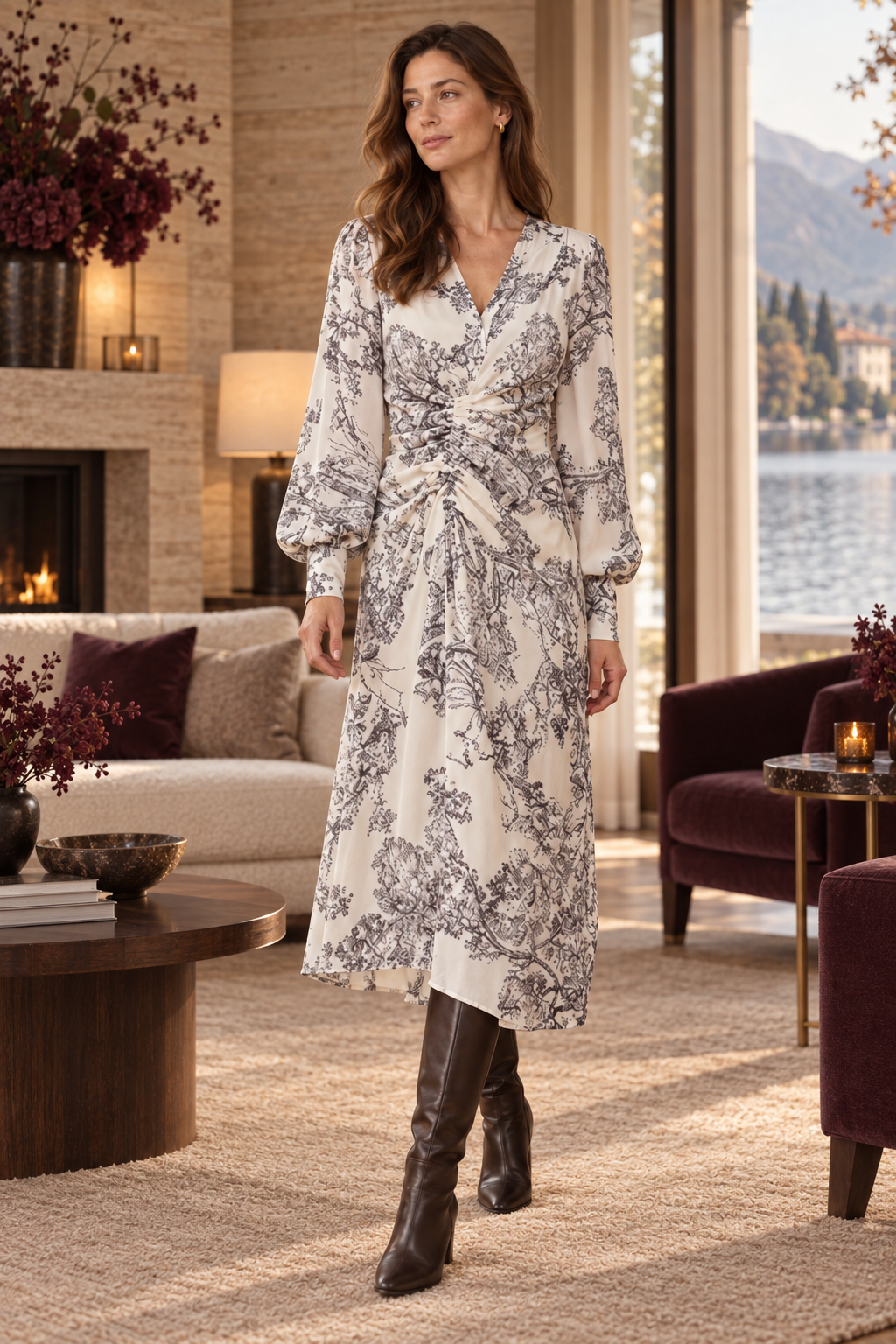 Damen-Chiffonkleid in Creme-Grau – Midi & Ballonärmel – zusätzliche Vorderansicht in warmer Herbst-Winter-Atmosphäre