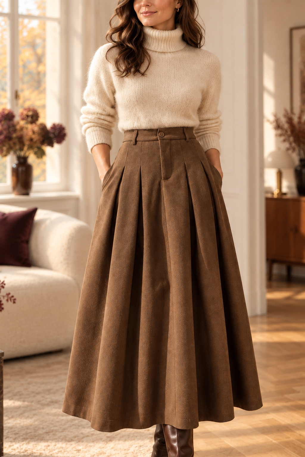 Damen-Faltenrock in Braun – High Waist & A-Linie – nähere Ansicht der sichtbaren Vorderseite und Details