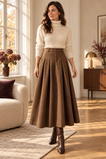 Damen-Faltenrock in Braun – High Waist & A-Linie – zusätzliche Vorderansicht in warmer Herbst-Winter-Atmosphäre
