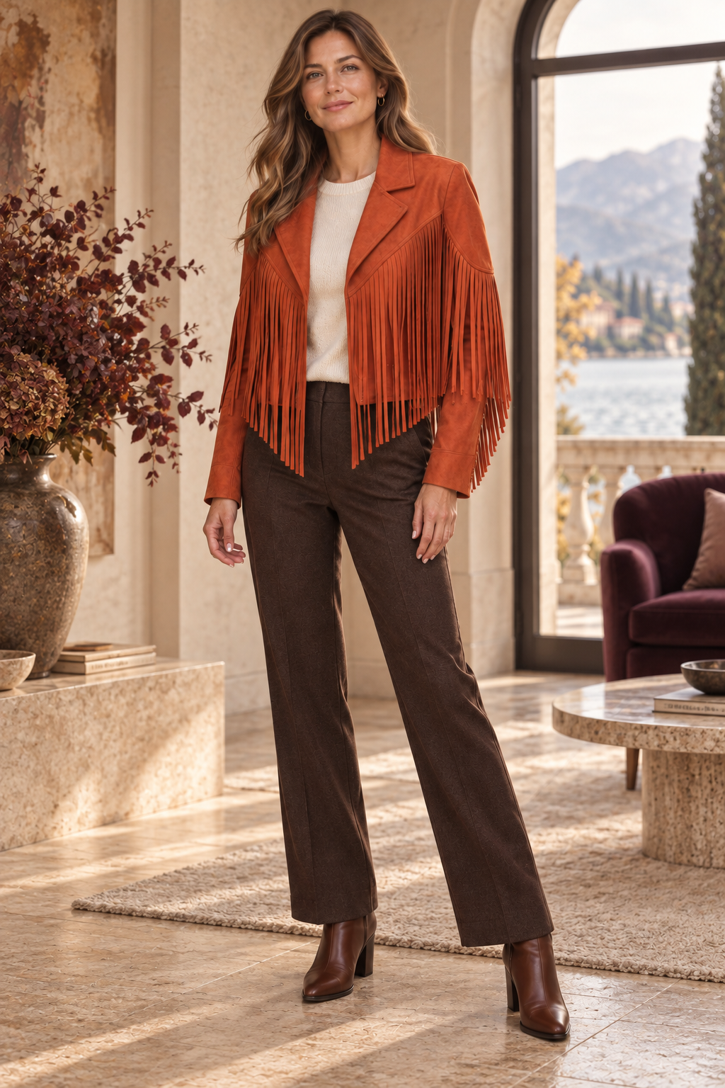 Damen-Fransenjacke in Rost – kurze Jacke in Wildlederoptik – zusätzliche Vorderansicht in warmer Herbst-Winter-Atmosphäre