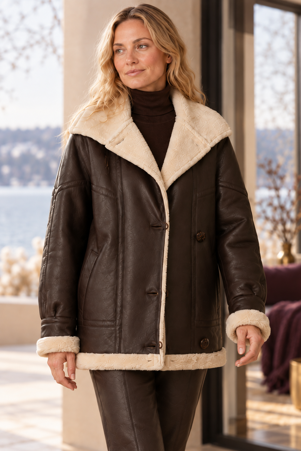 Damen-Kunstlederjacke in Braun mit Teddybesatz – nähere Ansicht der sichtbaren Vorderseite und Details