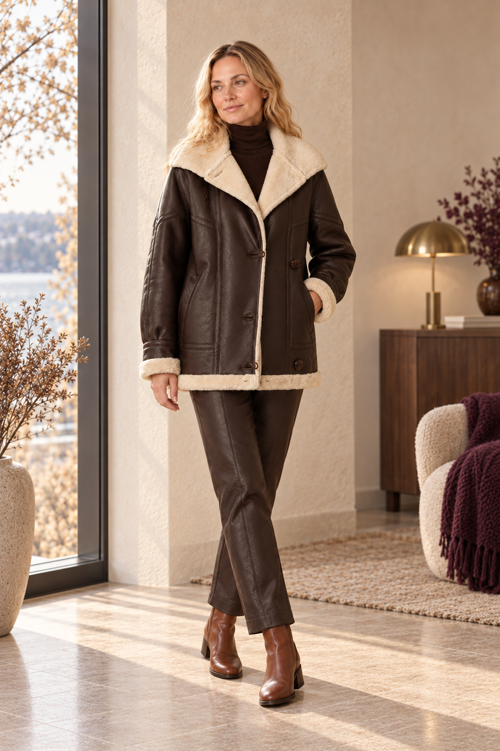 Damen-Kunstlederjacke in Braun mit Teddybesatz – zusätzliche Vorderansicht in warmer Herbst-Winter-Atmosphäre
