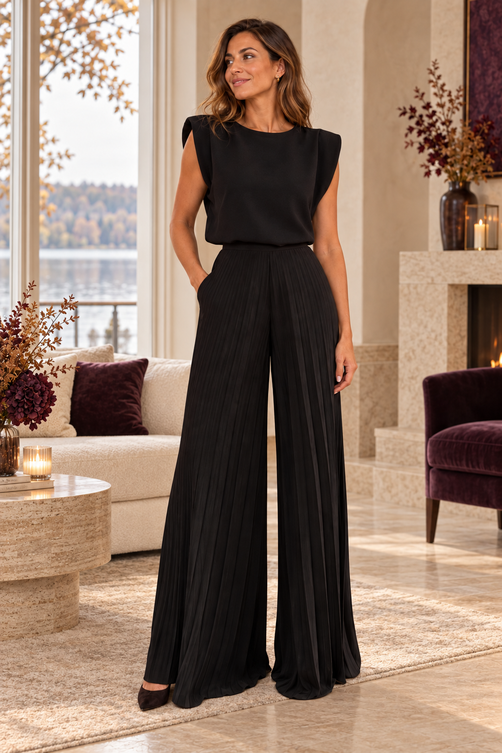 Damen-Plissee-Hosen-Set in Schwarz – eleganter Zweiteiler – zusätzliche Vorderansicht in warmer Herbst-Winter-Atmosphäre