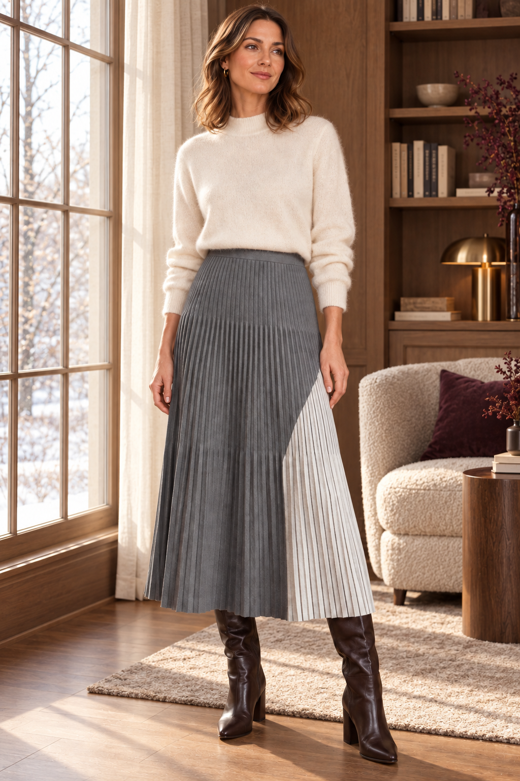 Damen-Plissee-Midirock in Grau – asymmetrisches Colourblock-Design – zusätzliche Vorderansicht in warmer Herbst-Winter-Atmosphäre