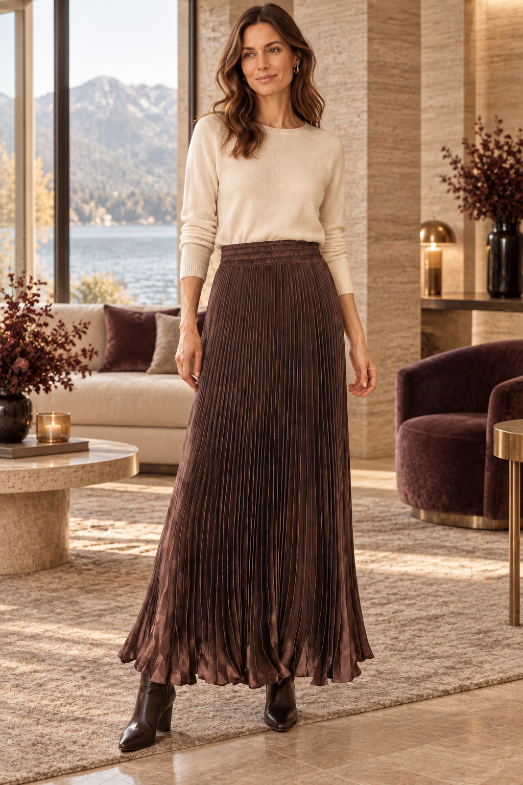 Damen-Satin-Plisseerock in Braun – Maxi mit elastischem Bund – zusätzliche Vorderansicht in warmer Herbst-Winter-Atmosphäre