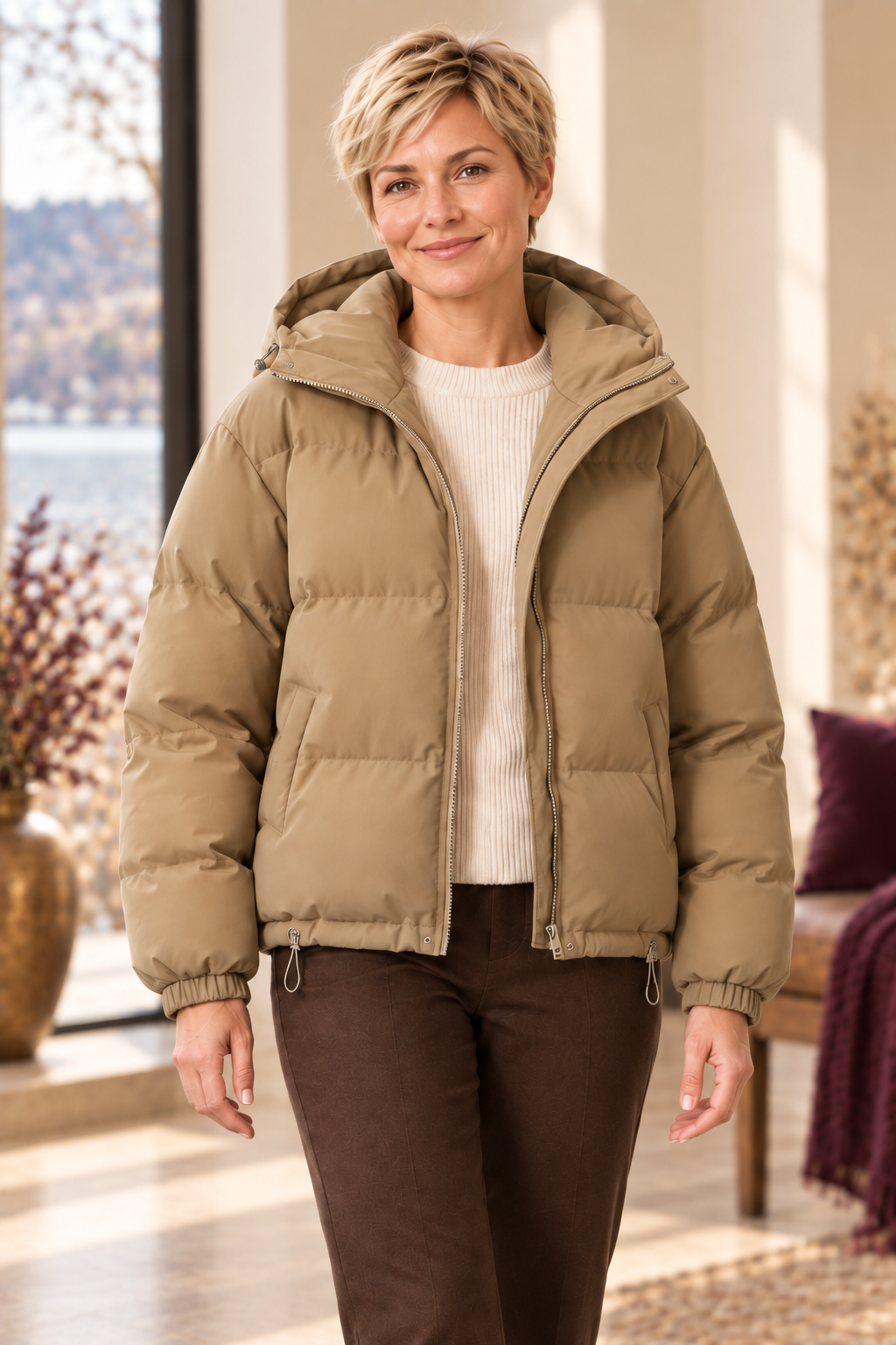 Damen-Steppjacke in Khaki – kurze Pufferjacke mit Kapuze – nähere Ansicht der sichtbaren Vorderseite und Details