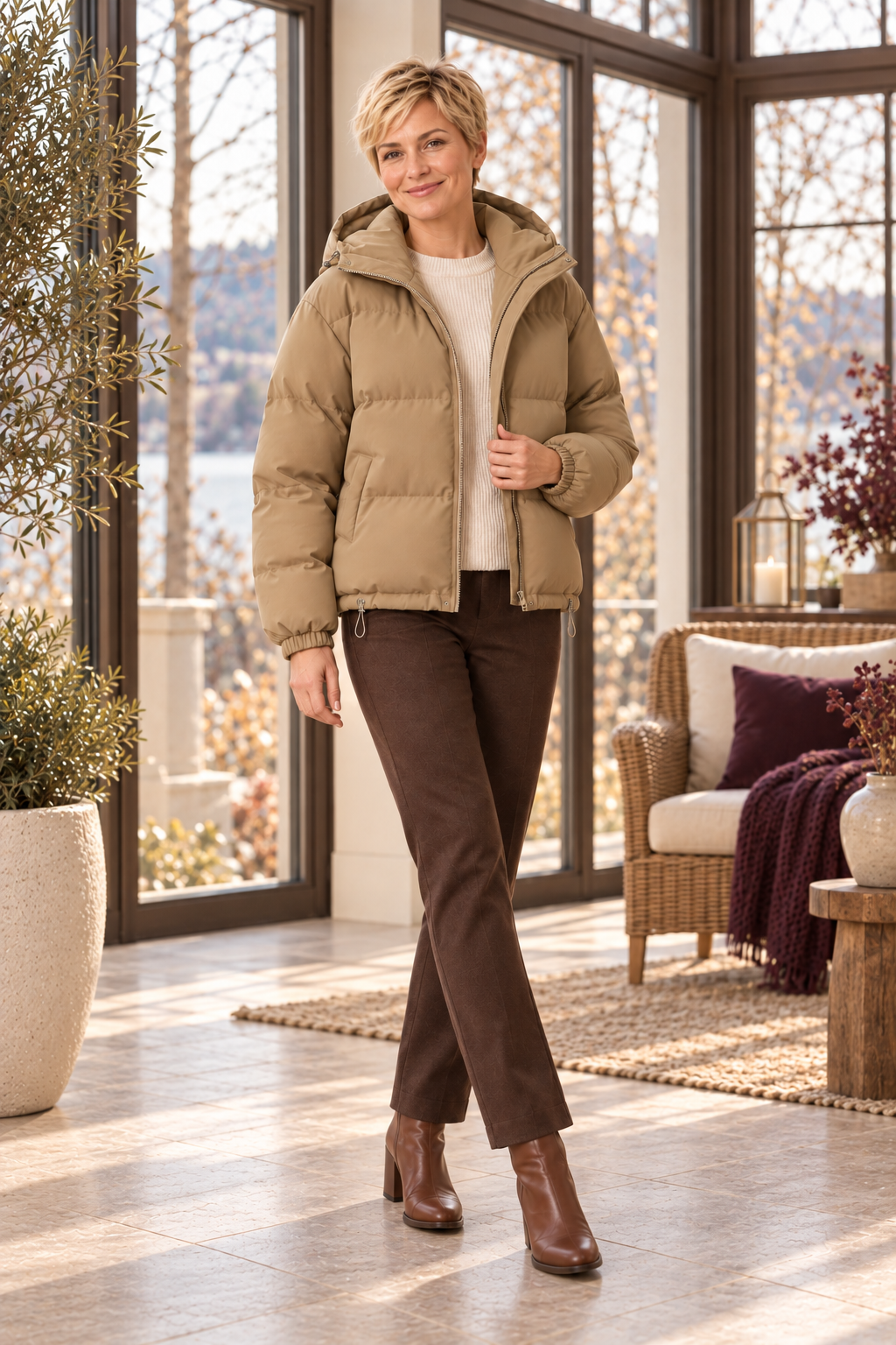 Damen-Steppjacke in Khaki – kurze Pufferjacke mit Kapuze – zusätzliche Vorderansicht in warmer Herbst-Winter-Atmosphäre
