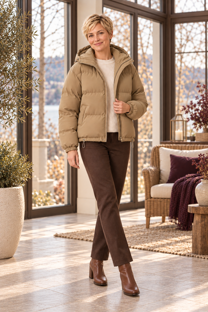 Damen-Steppjacke in Khaki – kurze Pufferjacke mit Kapuze – zusätzliche Vorderansicht in warmer Herbst-Winter-Atmosphäre