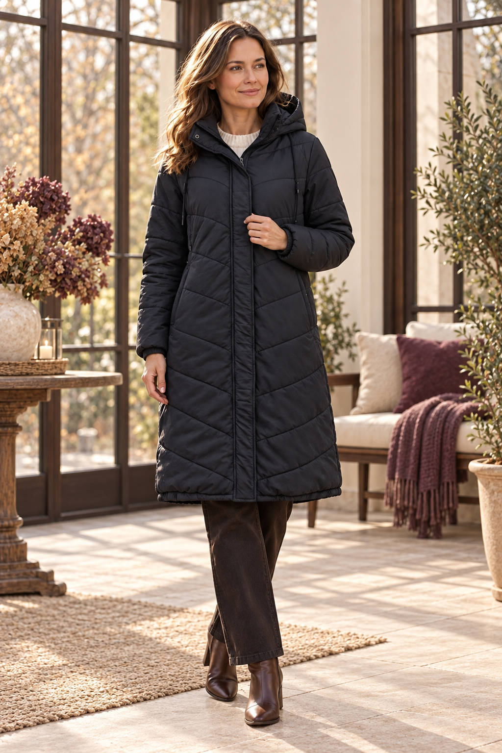 Damen-Steppmantel in Schwarz – lang mit Kapuze – zusätzliche Vorderansicht in warmer Herbst-Winter-Atmosphäre