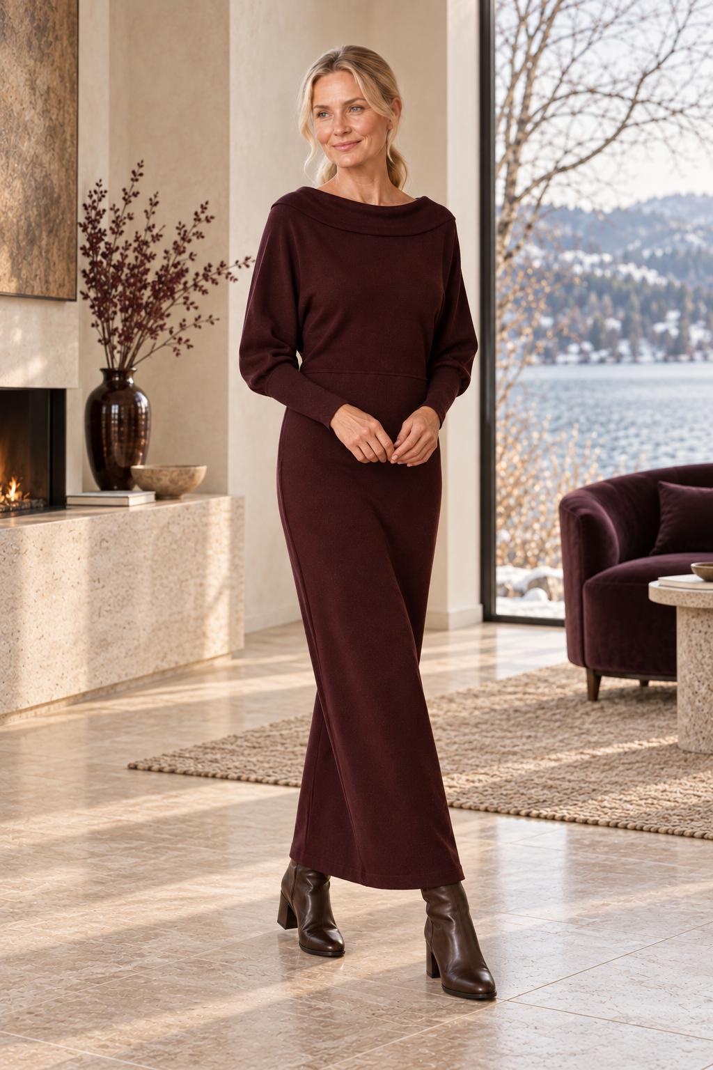 Damen-Strickkleid in Bordeaux – Maxi & Fledermausärmel – zusätzliche Vorderansicht in warmer Herbst-Winter-Atmosphäre