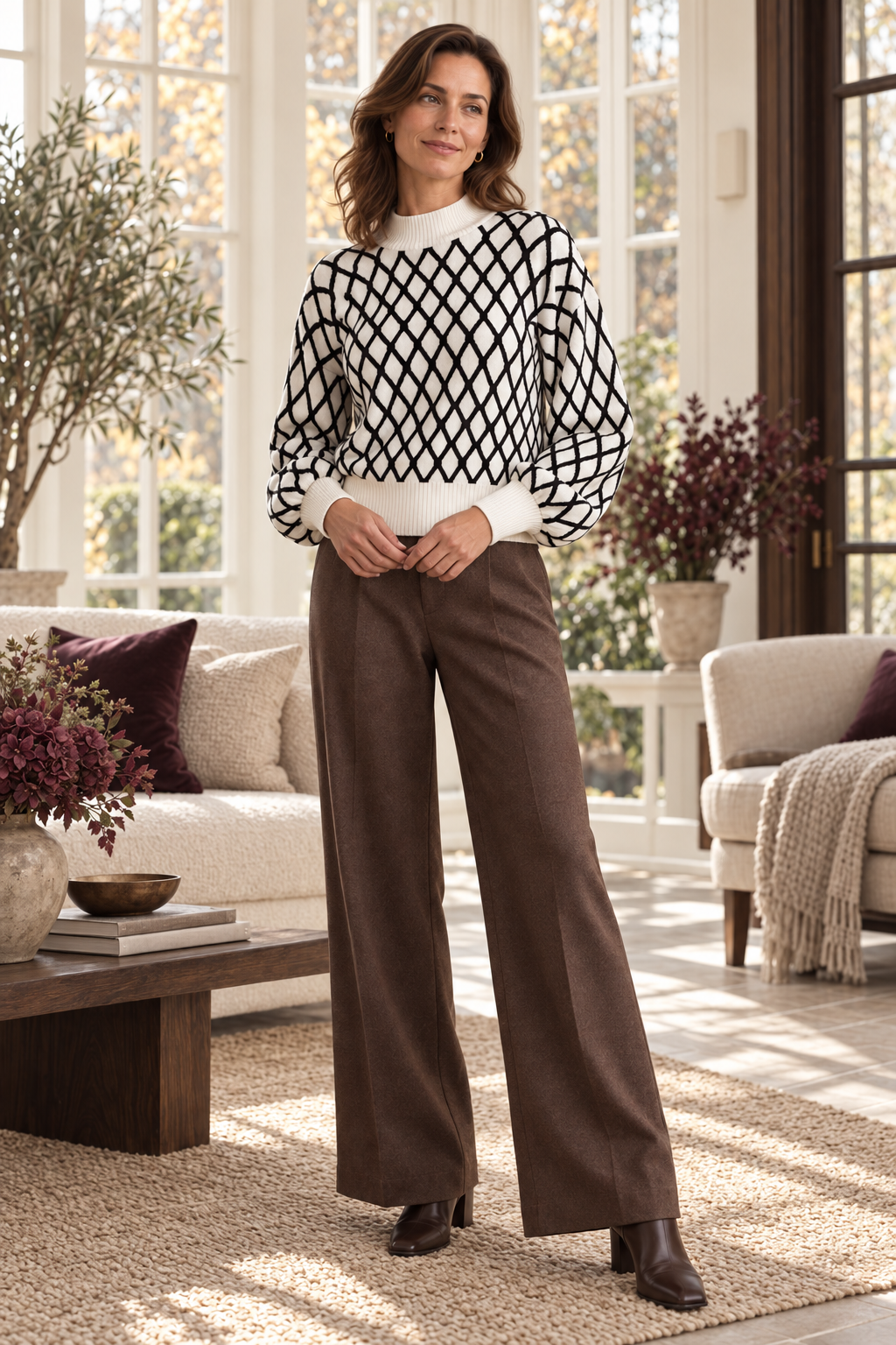 Damen-Strickpullover in Creme-Schwarz – Rautenmuster & Stehkragen – zusätzliche Vorderansicht in warmer Herbst-Winter-Atmosphäre