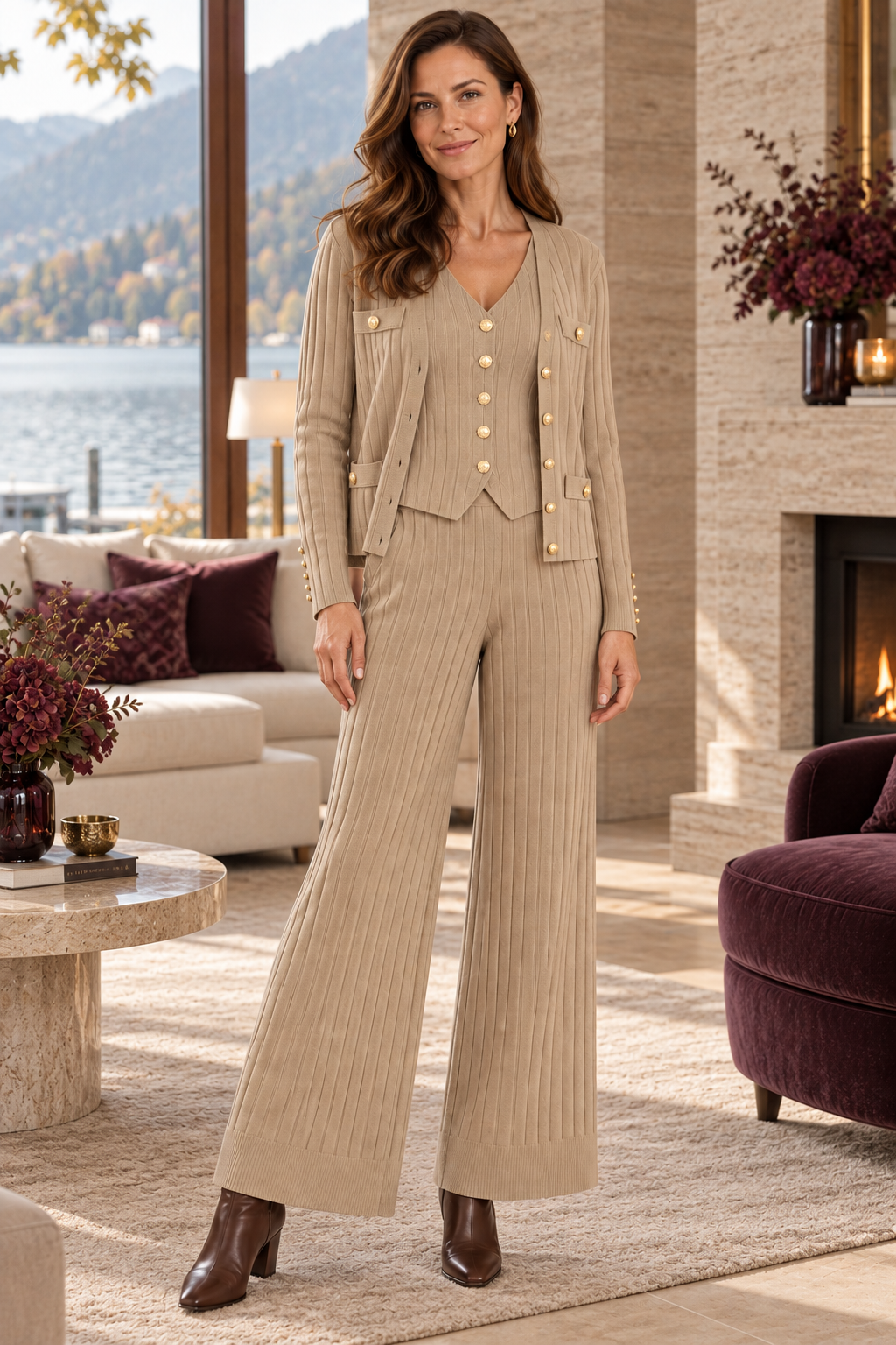 Damen-Strickset in Beige – Dreiteiler mit Weste, Cardigan & Hose – zusätzliche Vorderansicht in warmer Herbst-Winter-Atmosphäre