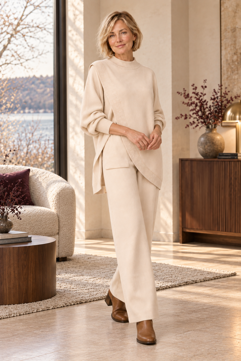Damen-Strickset in Cremebeige – asymmetrisches Oberteil & Hose – zusätzliche Vorderansicht in warmer Herbst-Winter-Atmosphäre