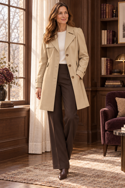 Damen-Trenchcoat in Sandbeige – Reverskragen & Knopfleiste – zusätzliche Vorderansicht in warmer Herbst-Winter-Atmosphäre