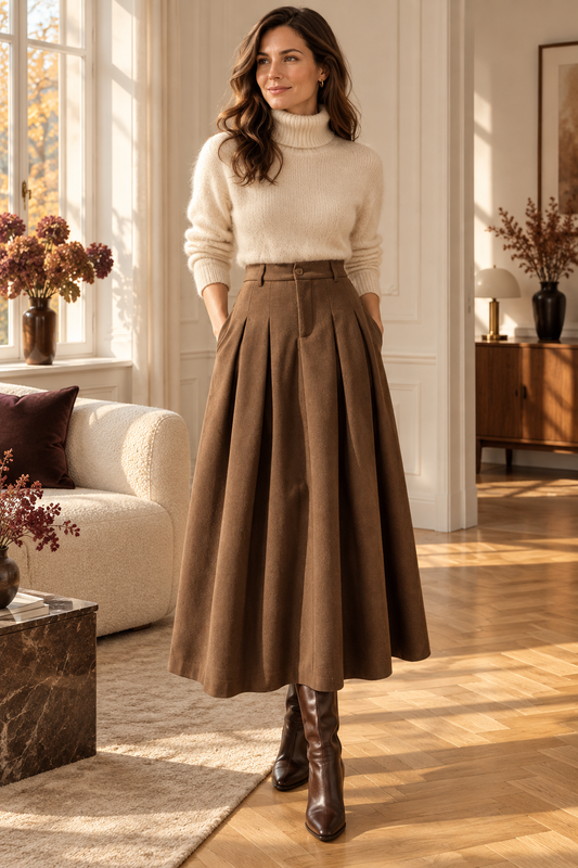 Cora Elise – Damen-Faltenrock in Braun – High Waist & A-Linie