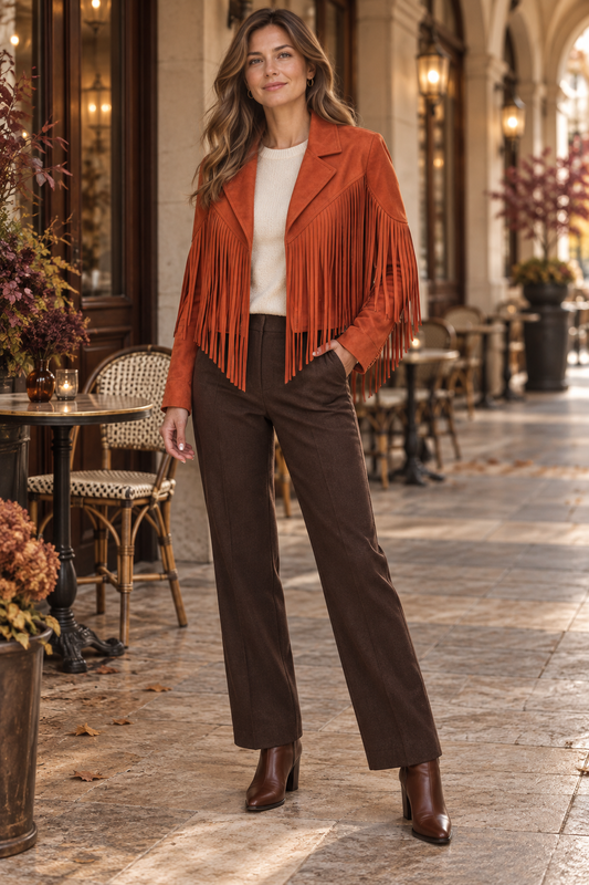 Cora Elise – Damen-Fransenjacke in Rost – kurze Jacke in Wildlederoptik