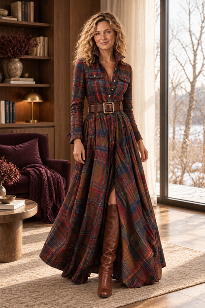 Hemdblusenkleid Damen kariert – Maxi & Langarm, Rotbraun – zusätzliche Vorderansicht in warmer Herbst-Winter-Atmosphäre