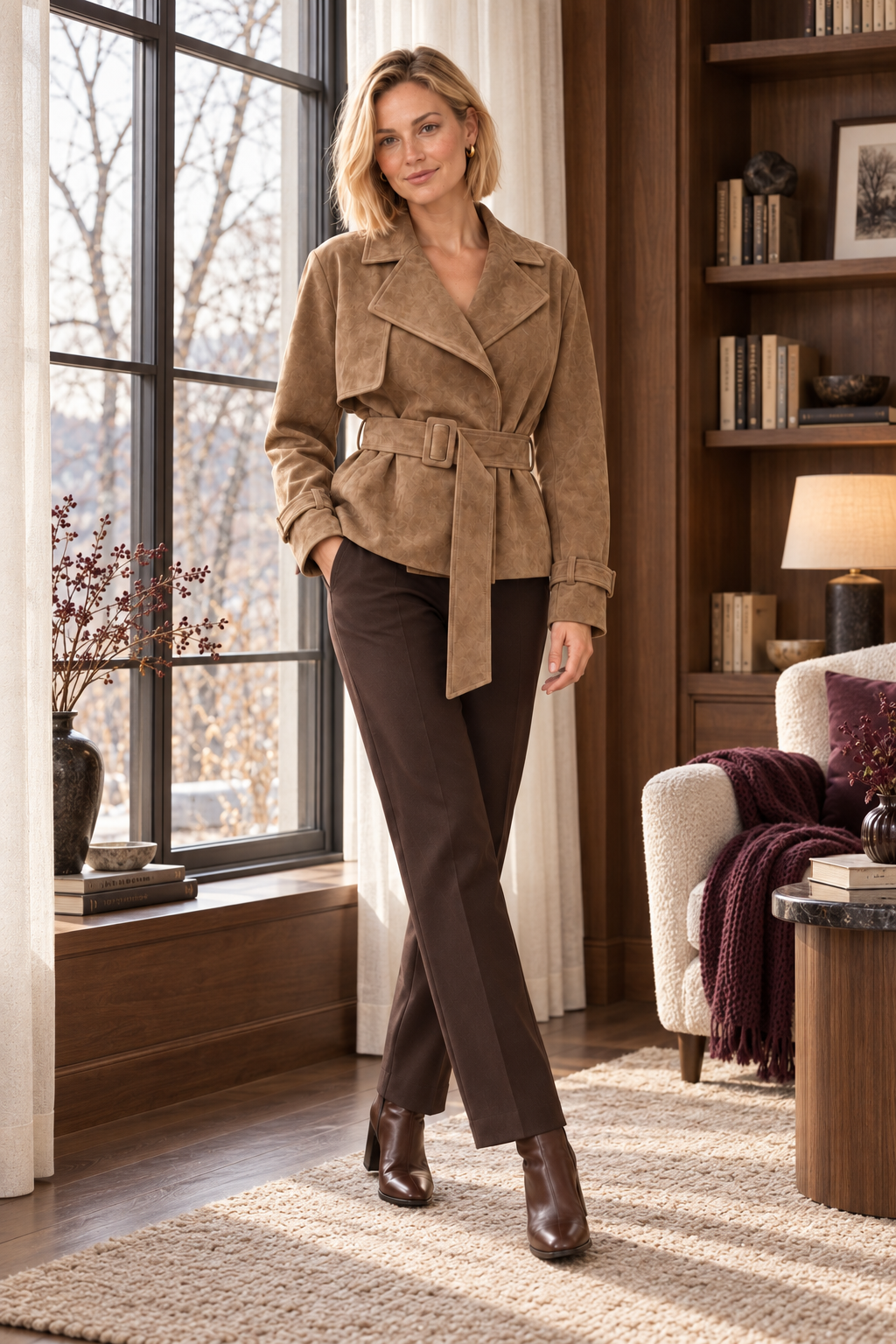Kurzer Damen-Trenchcoat in Camel-Beige – Wildlederoptik & Gürtel – zusätzliche Vorderansicht in warmer Herbst-Winter-Atmosphäre