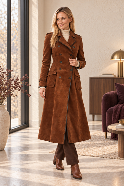 Langer Damenmantel in Cognac-Braun – Wildlederoptik – zusätzliche Vorderansicht in warmer Herbst-Winter-Atmosphäre