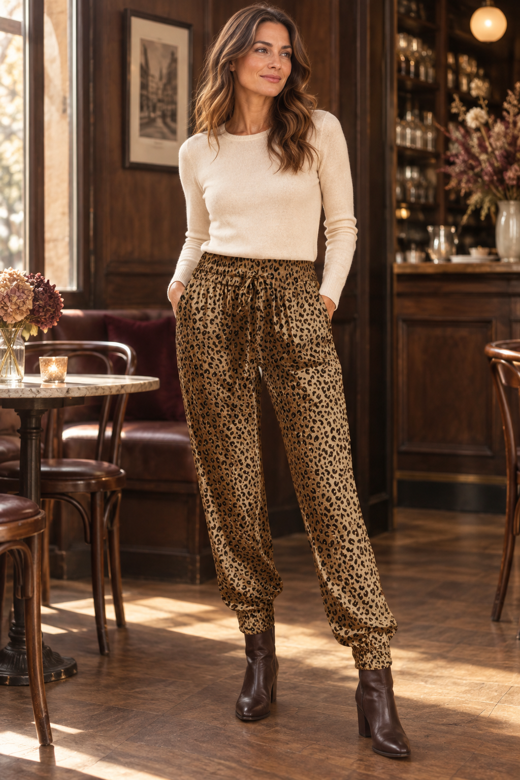 Cora Elise – Damen-Leohose in Braun – lockere Hose mit Animal-Print