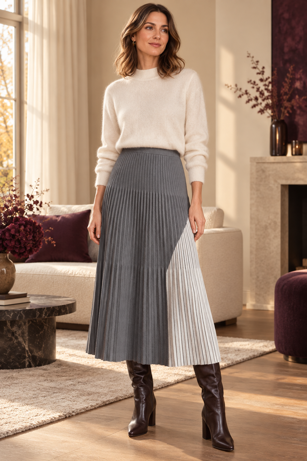 Cora Elise – Damen-Plissee-Midirock in Grau – asymmetrisches Colourblock-Design