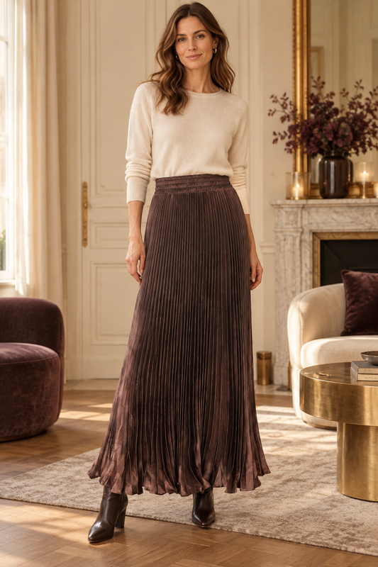 Cora Elise – Damen-Satin-Plisseerock in Braun – Maxi mit elastischem Bund